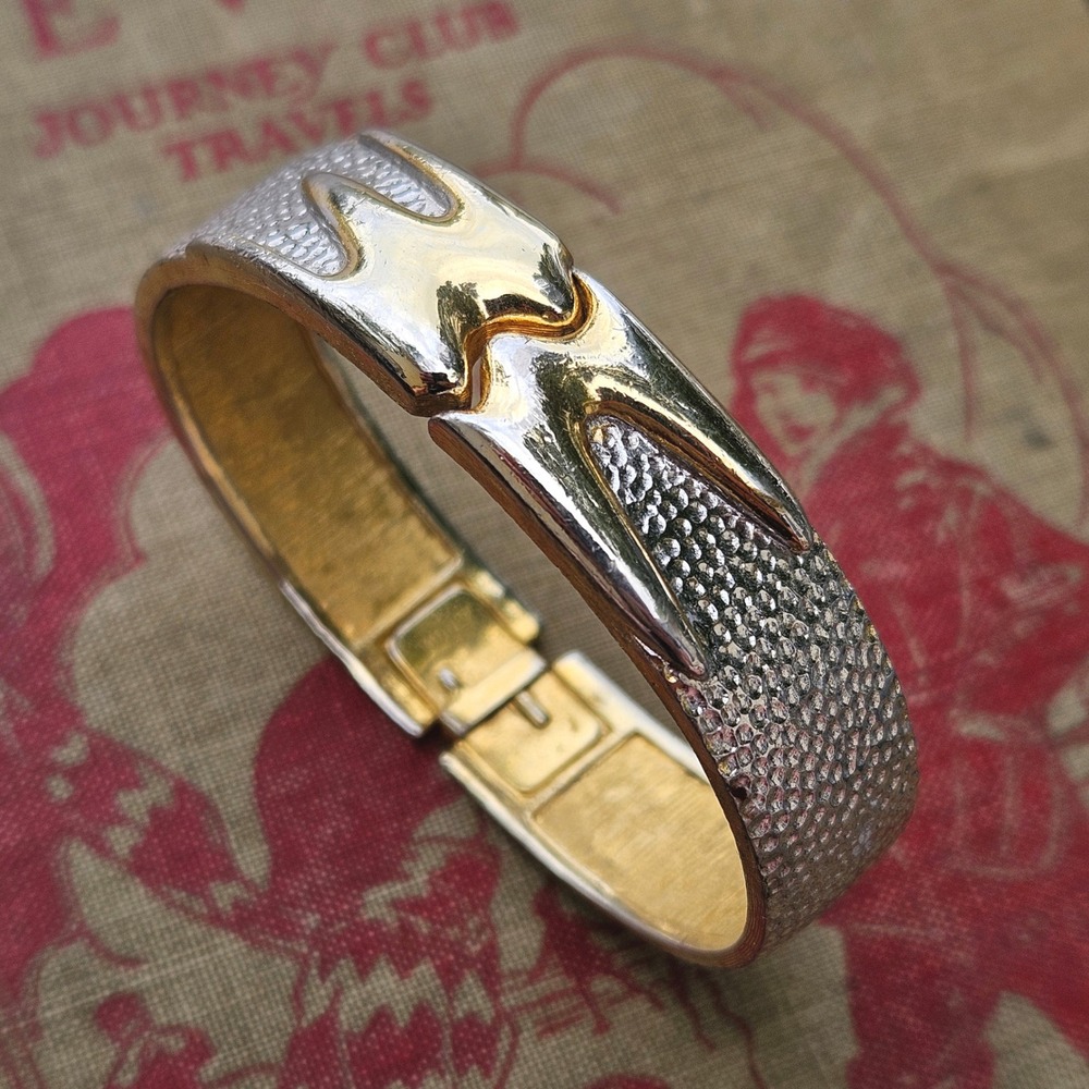 Monet Vintage Mixed Metal Hinged Bangle Bracelet Silver Gold Tone Textured Cuff